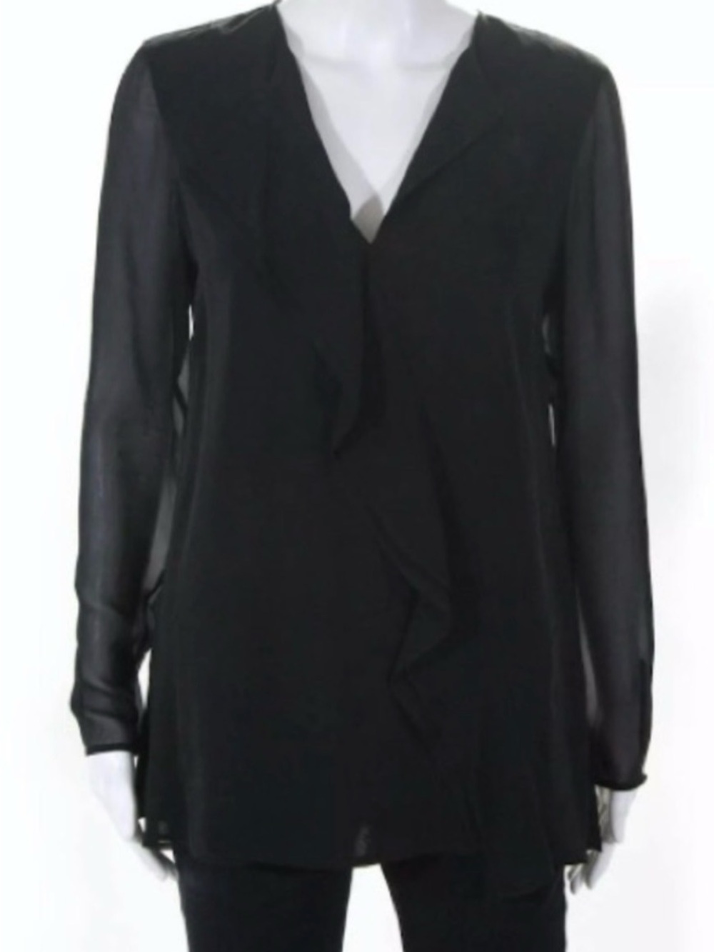 St. John Black Long Sleeve Ruffle Silk Blouse Medium